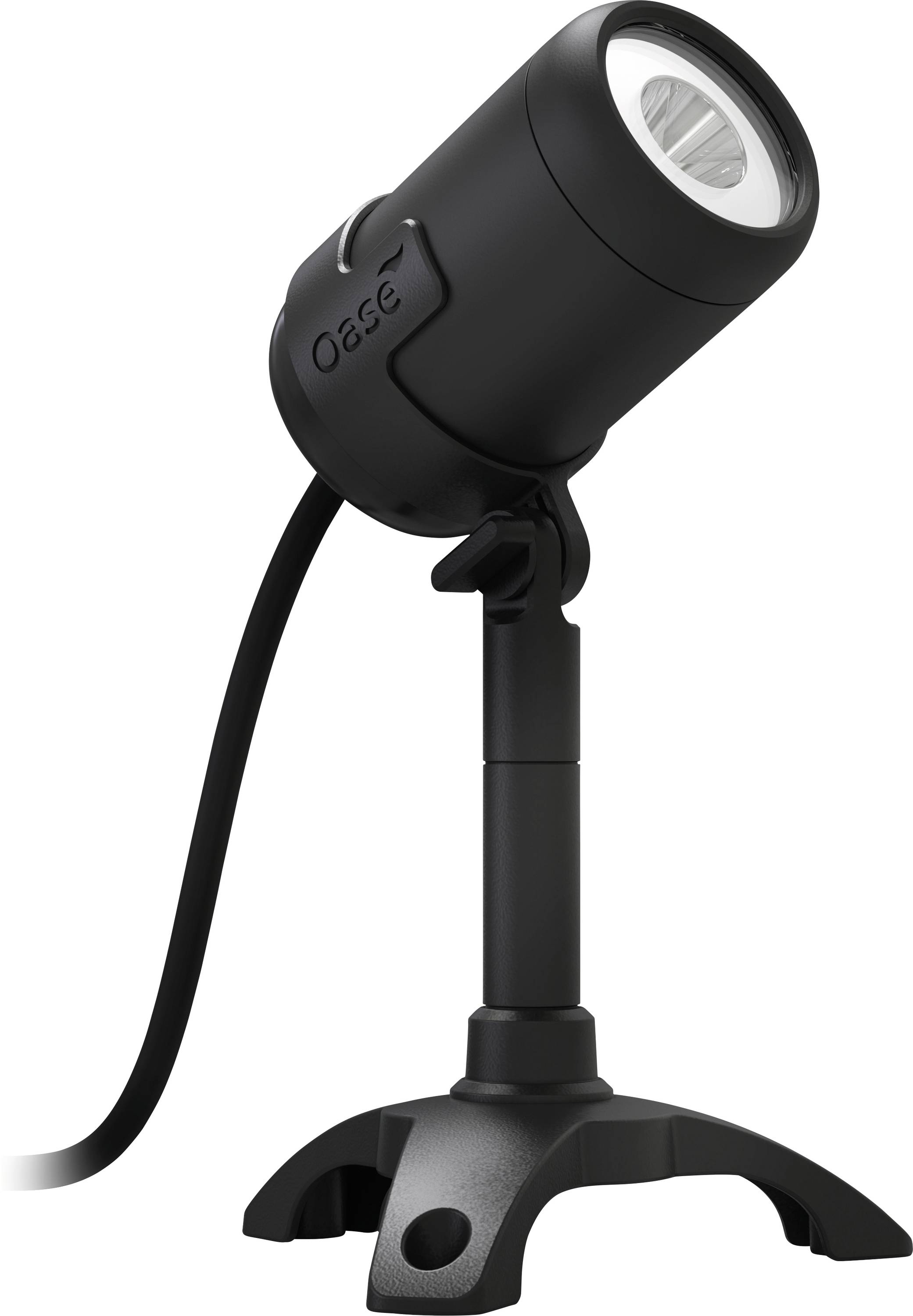 A black, adjustable outdoor spotlight on a stand, with a sleek design and a cable for connection. It's suitable for garden lighting.