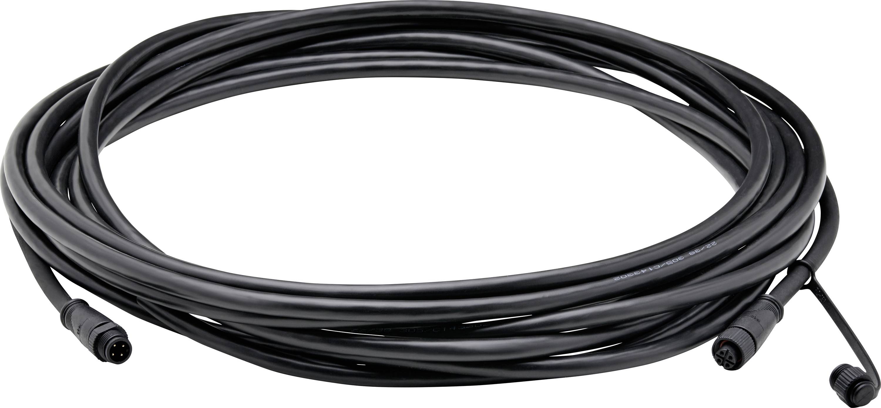 A coiled black extension cable with connectors at both ends, suitable for connecting electronic devices or extending reach.