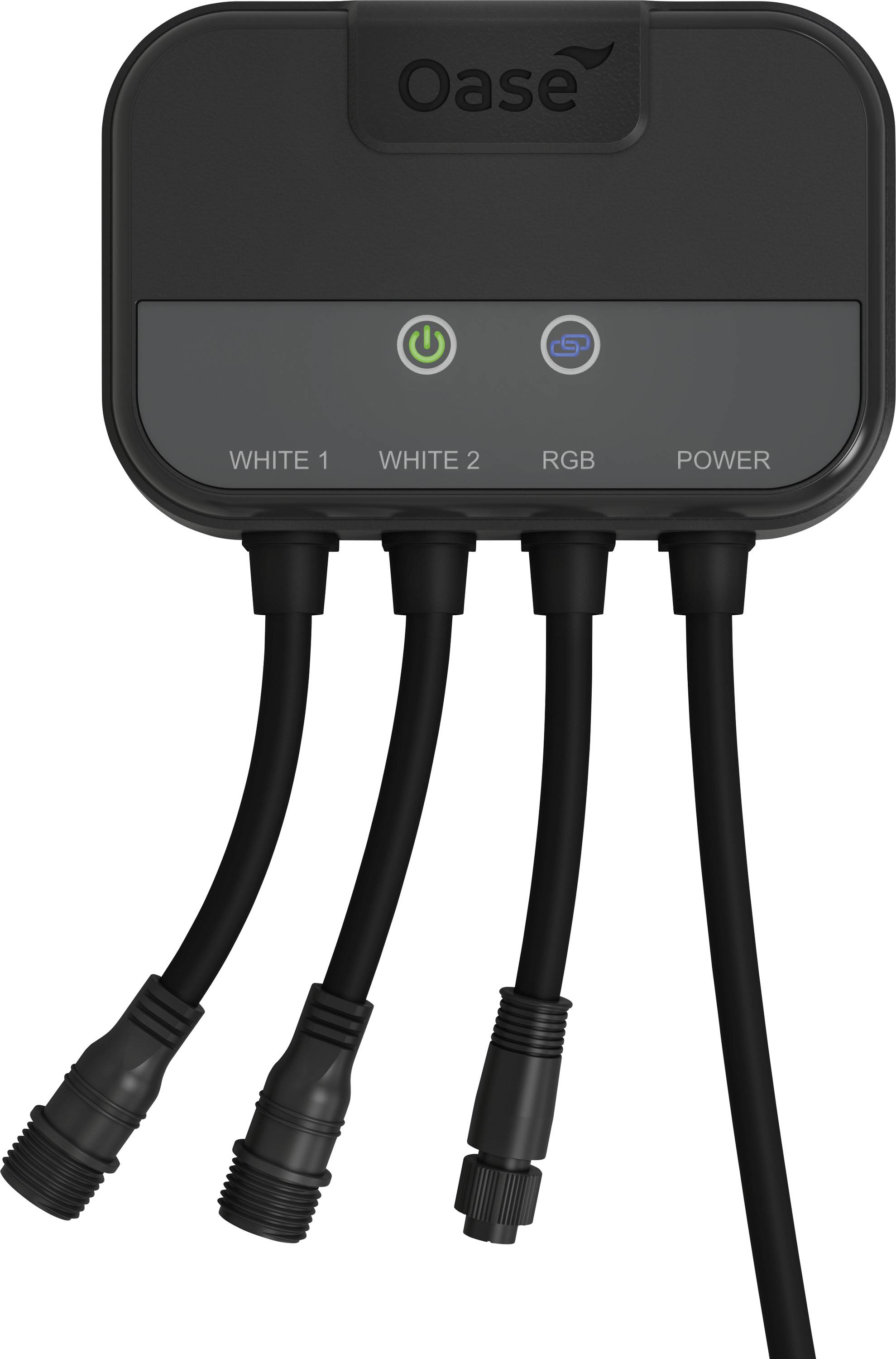 'Oase' branded electrical controller with power button, Wi-Fi indicator, and four output ports labeled 'White 1', 'White 2', 'RGB', and 'Power'.