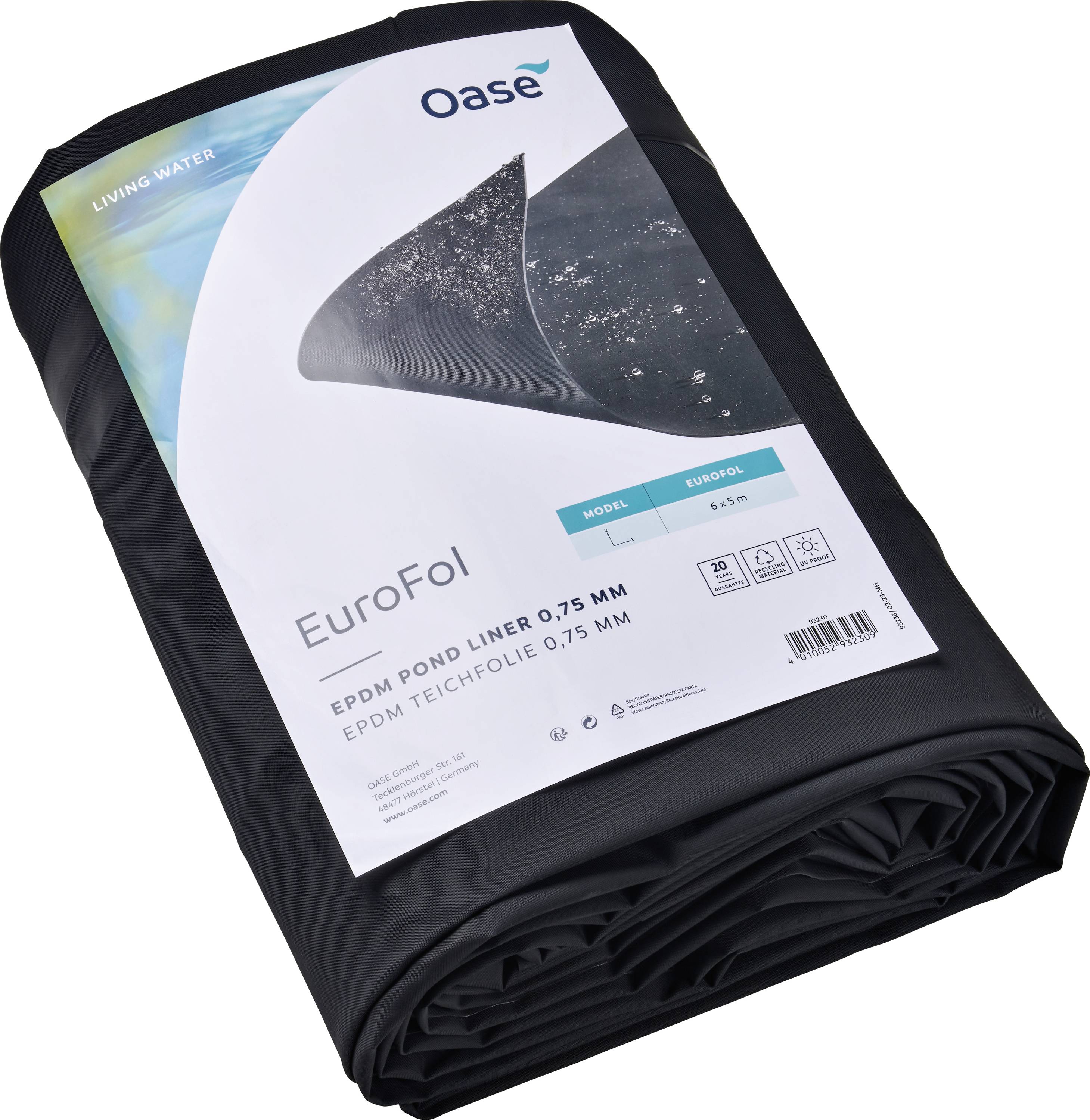 'EuroFol' pond liner EPDM, 0.75 mm thickness by Oase, shown in folded packaging.