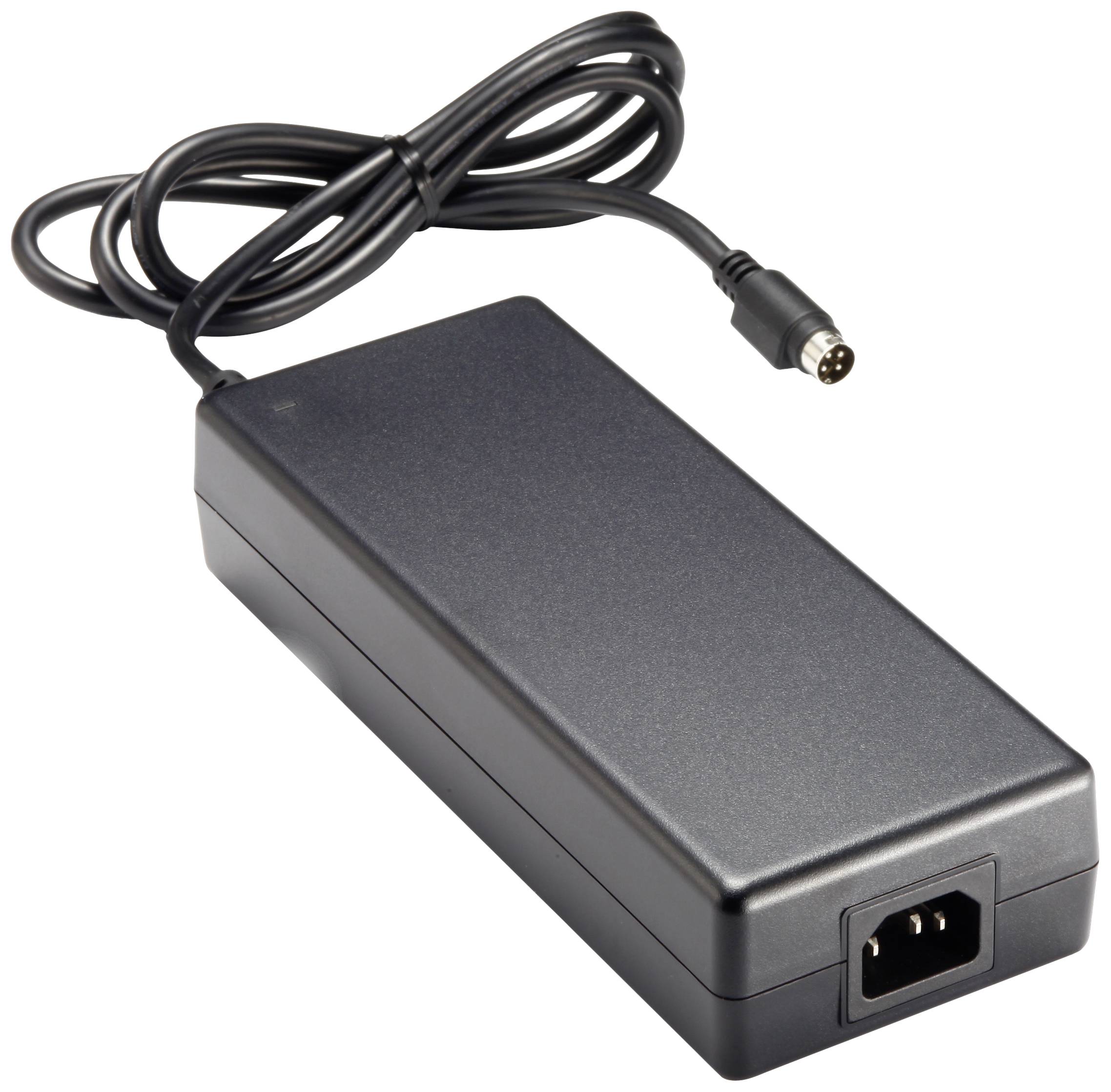 Black power supply with cable and plug, suitable for electronic devices. The plug is round and has multiple pins.