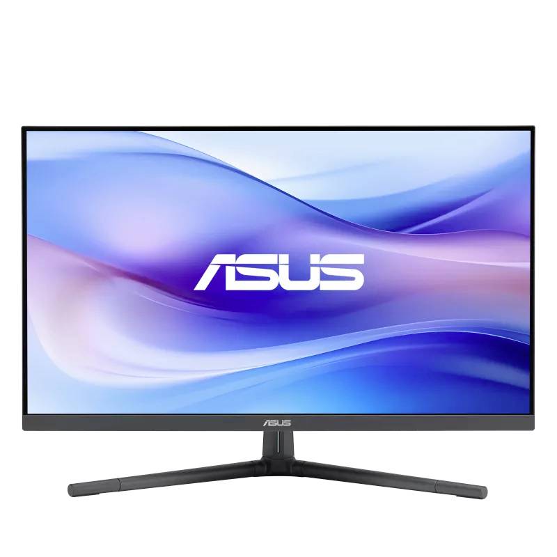 An ASUS monitor with a sleek design displays an abstract bluish-purple background image on the screen.