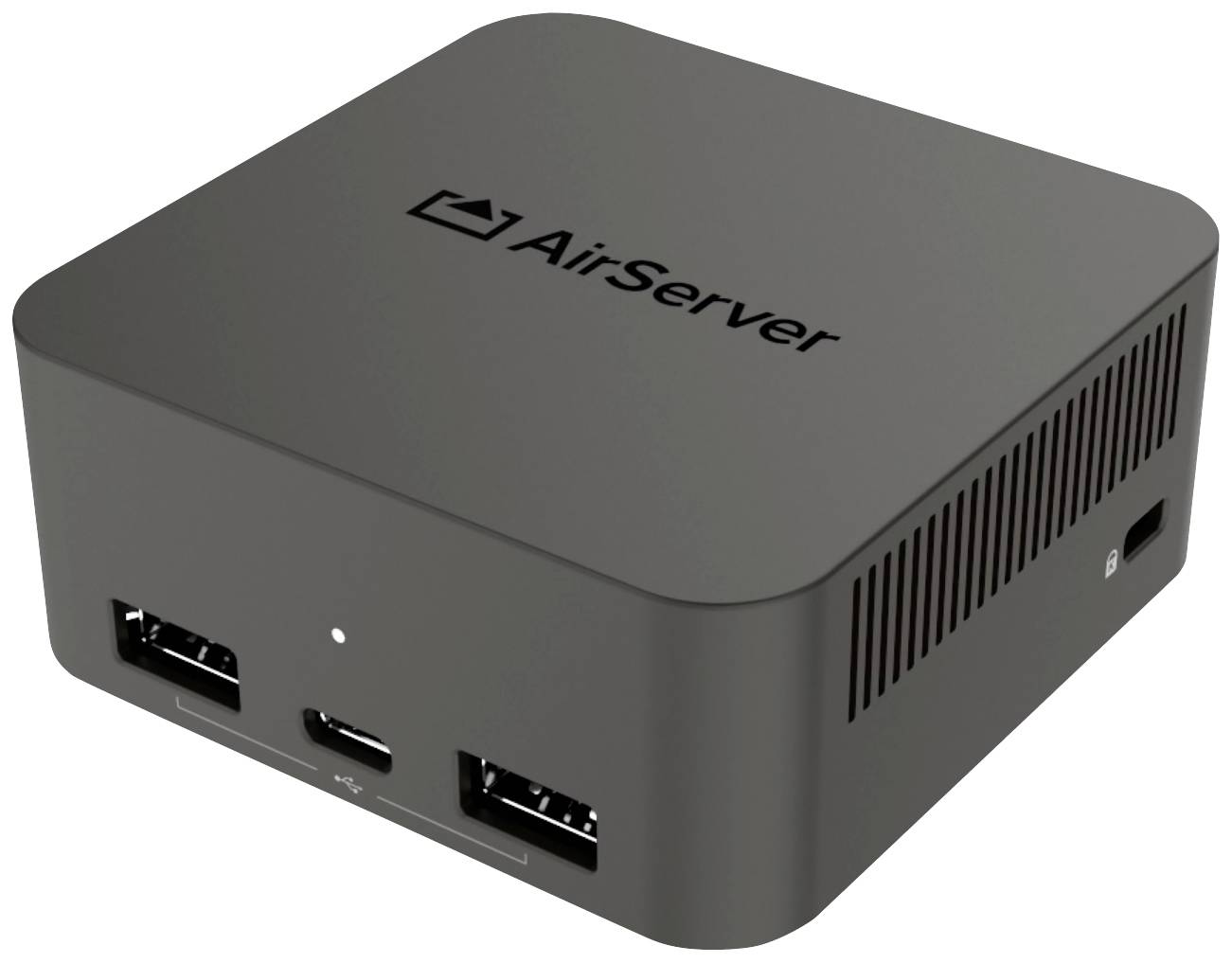 A black square device with 'AirServer' written on the top surface, featuring multiple ports on the front.