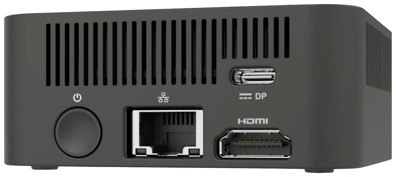 A compact black mini PC with ports: power, Ethernet, HDMI and DisplayPort on the front panel.