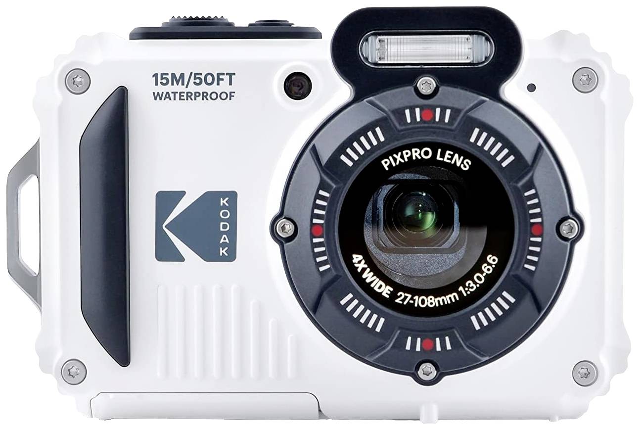 Waterproof Kodak camera, white, with 15M depth and PixPro lens, 4x zoom.