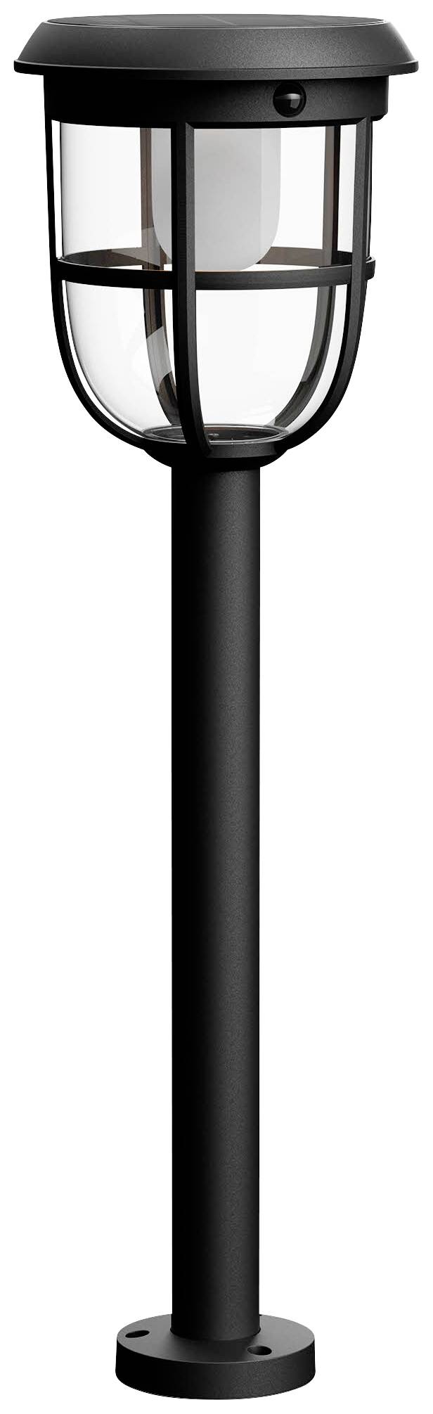 A black modern garden light with a transparent, round lampshade, mounted on a tall, slender base.