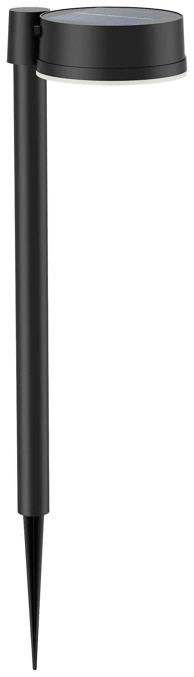 Black solar-powered garden light with long pole and round lampshade.