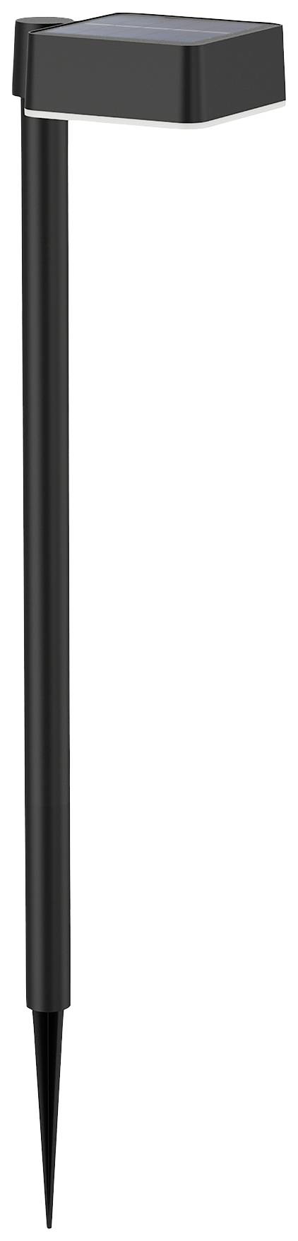 A black solar light with a long stem and a square lamp head. It is designed to be inserted into the ground.