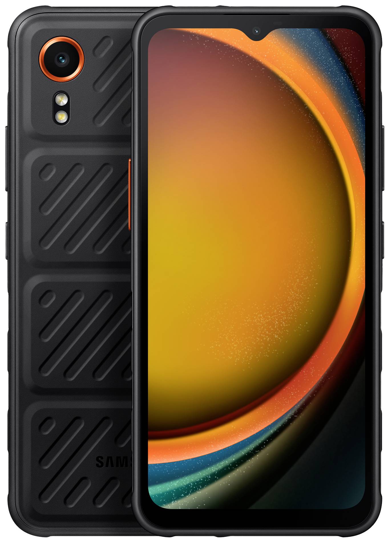 Black smartphone with textured back cover. Front display shows an orange-yellow circular pattern.