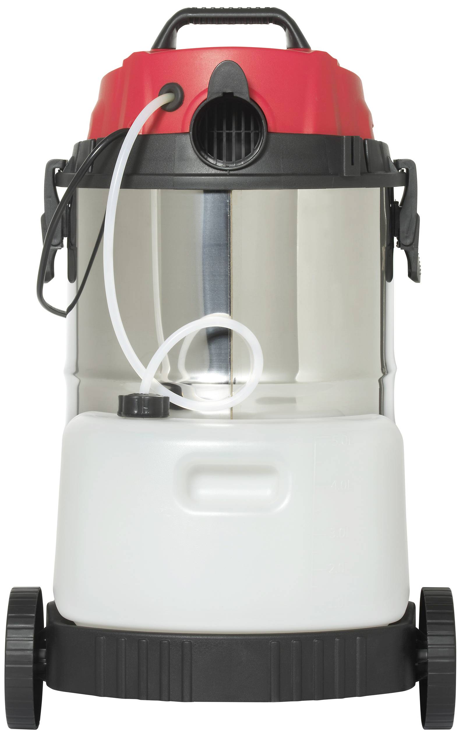A wet and dry vacuum cleaner with a red top, black handle, transparent container, and two large wheels, ideal for workshop use.