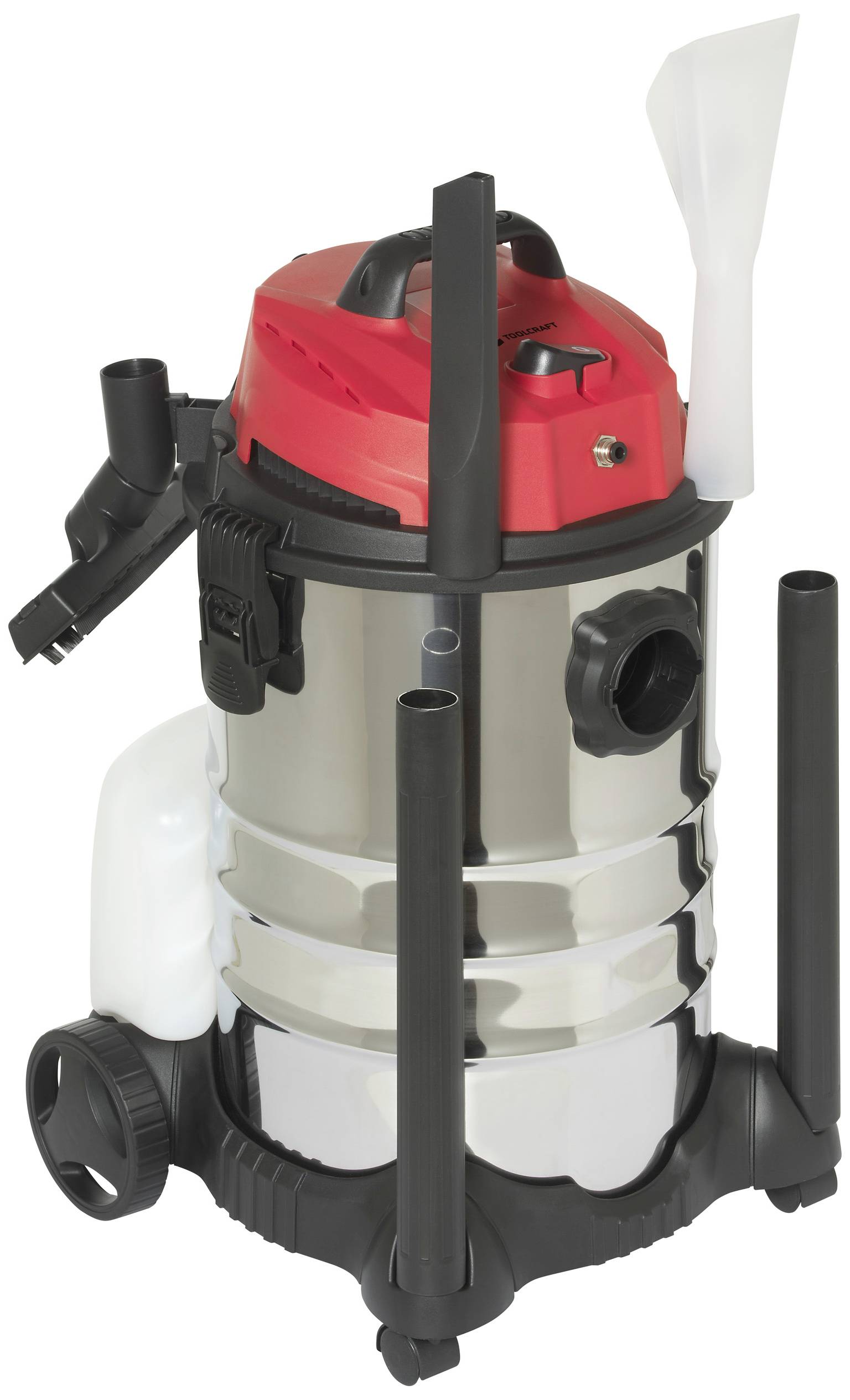 Industrial vacuum cleaner with a red and silver body, large wheels and various nozzle attachments for versatile cleaning tasks.