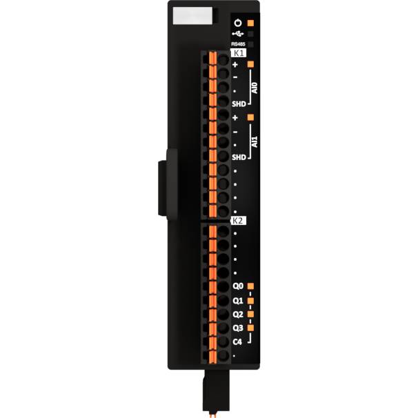 Black electronic device with orange connectors and labels like 'K1', 'K2', 'SHD', 'RUN'. It has a slim, vertical shape.