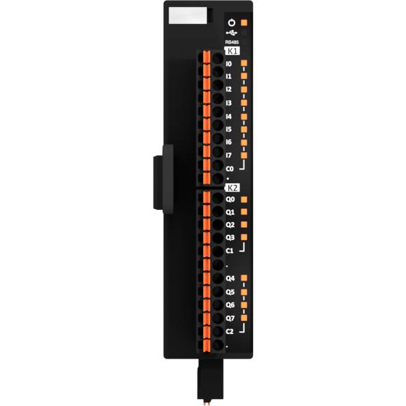Black electronic module with orange connectors, labelled as K1 and K2, for technical applications.