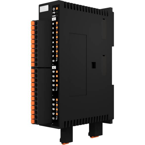 Industrial electronic module with a black housing and orange connections, suitable for control and automation systems.
