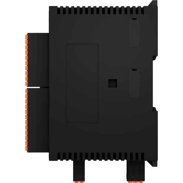 A black electronic device with orange ports on the side, possibly a module for industrial applications.(Note: The translation is already very close to British English, with no significant changes required.)