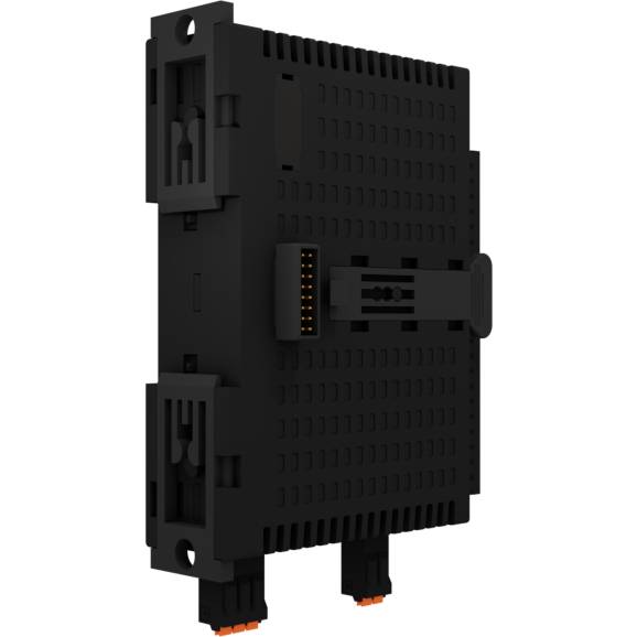A black, rectangular electronic module with connectors and mounting tabs, against a white background.