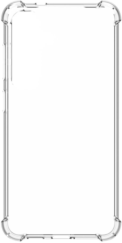A transparent smartphone case with reinforced corners, suitable for additional protection.