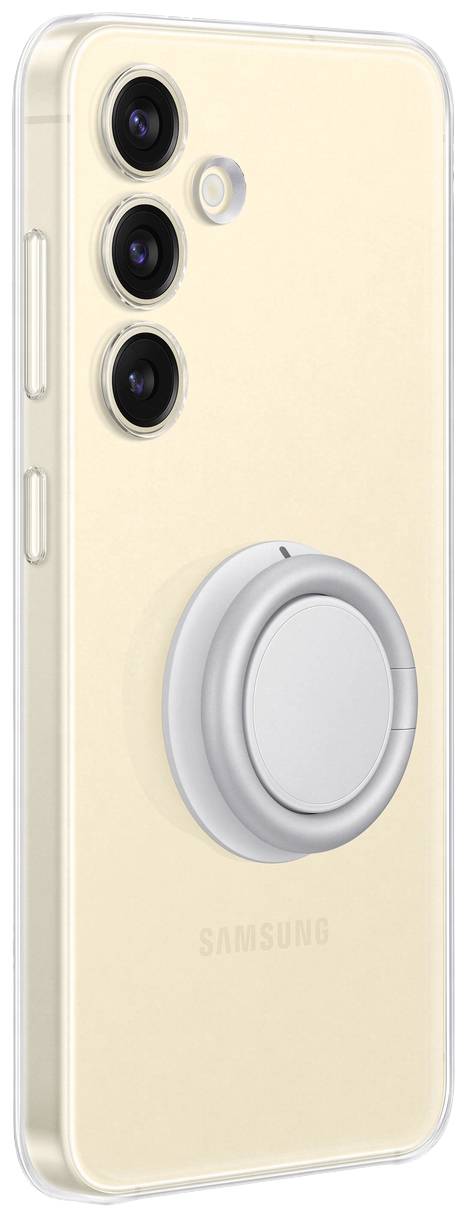 A yellow smartphone with three camera lenses and a round, silver finger grip on the back.