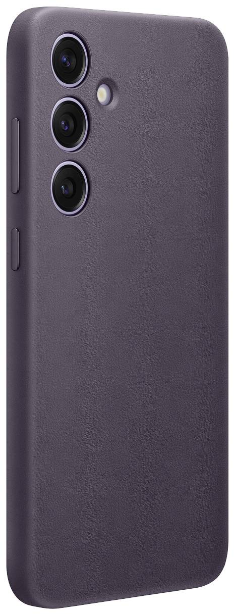 Smartphone with three camera lenses on the back; minimalist and dark violet in colour.