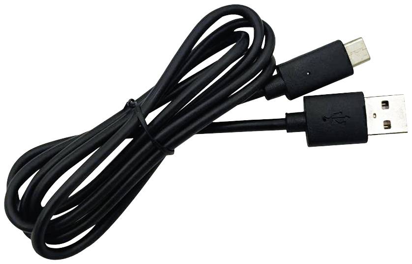 Black USB cable with USB Type-A plug on one end and Micro-USB plug on the other, coiled up.