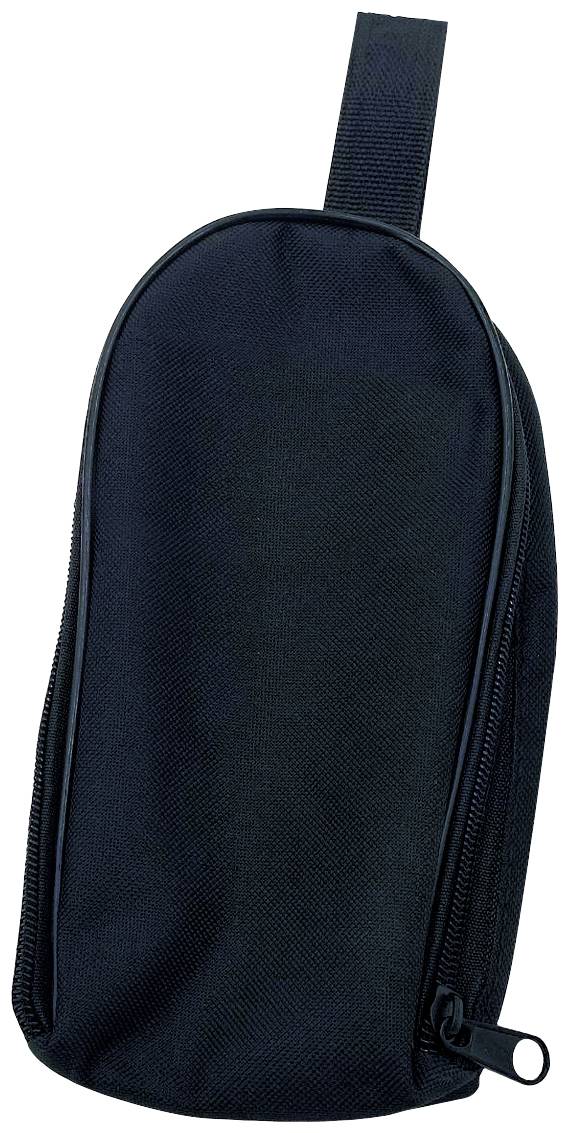 Black, oval zip-up case with a carrying loop, possibly for storing smaller items such as electronic accessories.