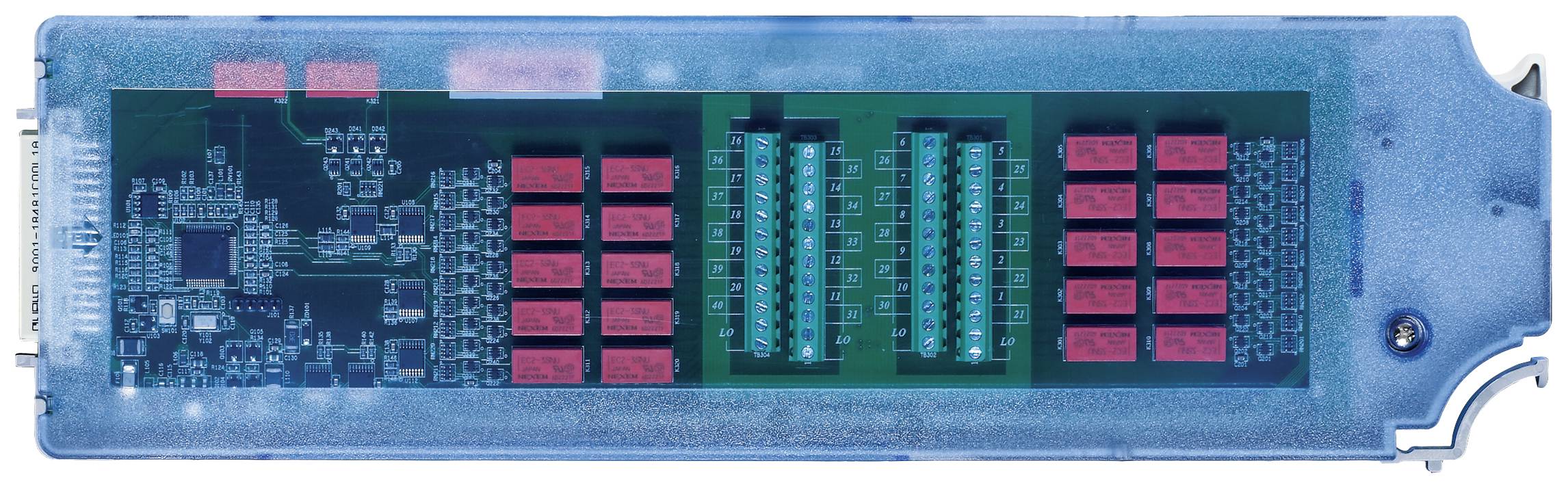 An electronic switching module with several red relays mounted on a green circuit board, housed in a transparent blue casing.