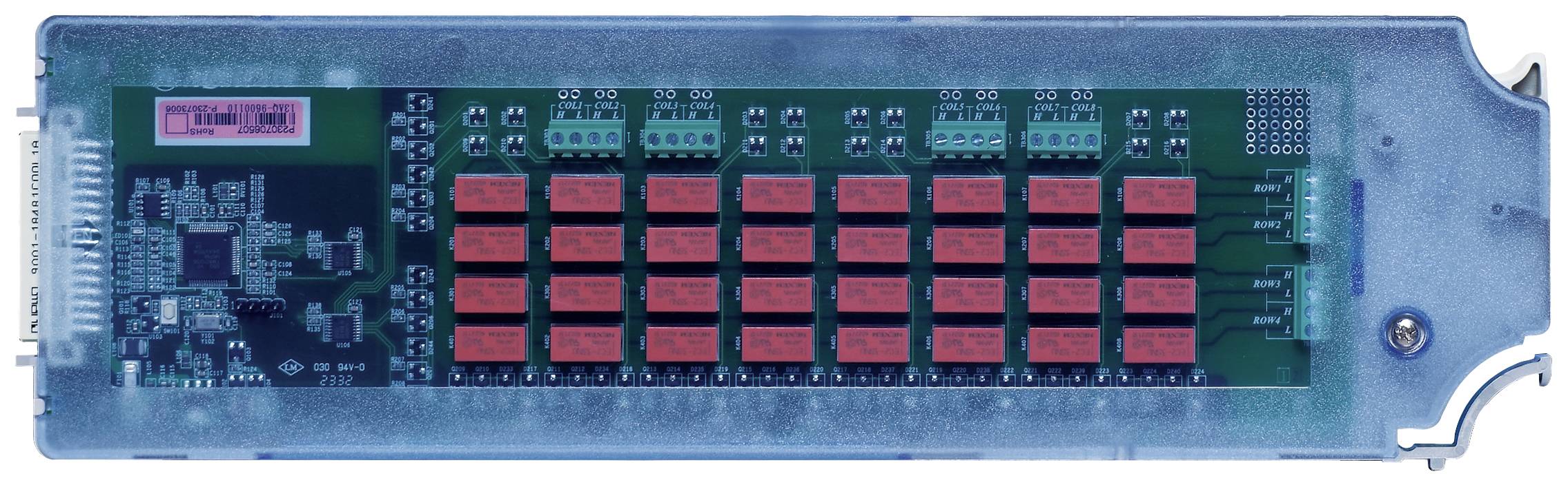 Blue electronic module with several red relays on a circuit board.