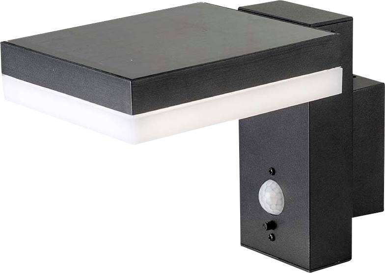 Modern black wall light with rectangular design and integrated motion sensor, suitable for outdoor use.