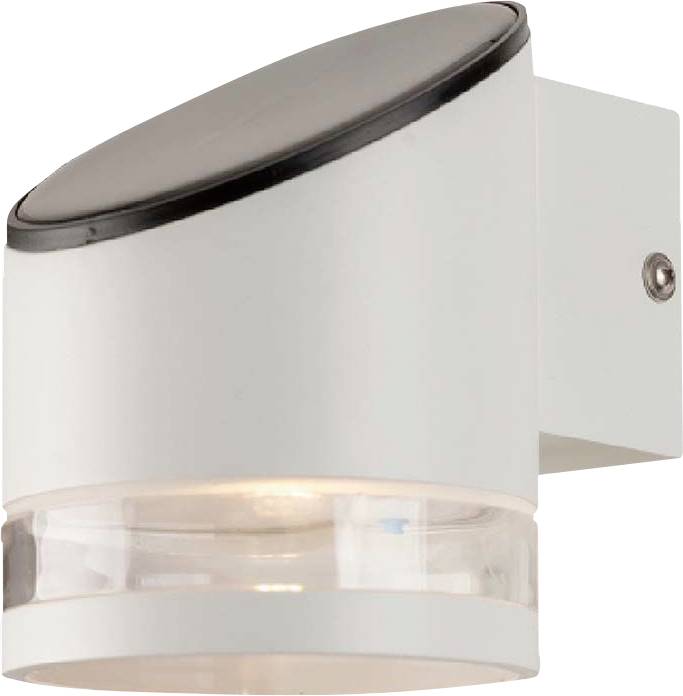 Wall light made of metal in white with a transparent light body and black top. Minimalist, modern design.