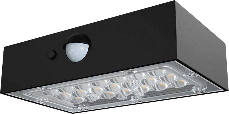 Black LED outdoor light with motion sensor, mounted on a wall.
