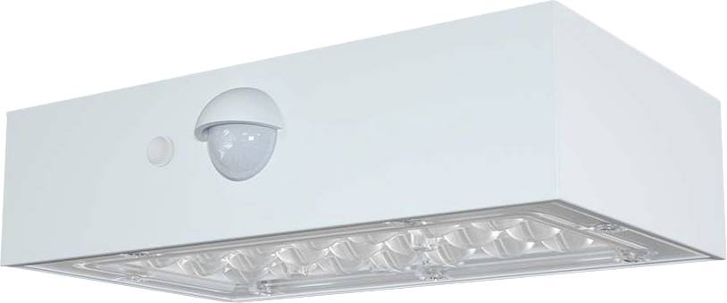Rectangular white LED light with motion sensor, suitable for outdoor lighting.