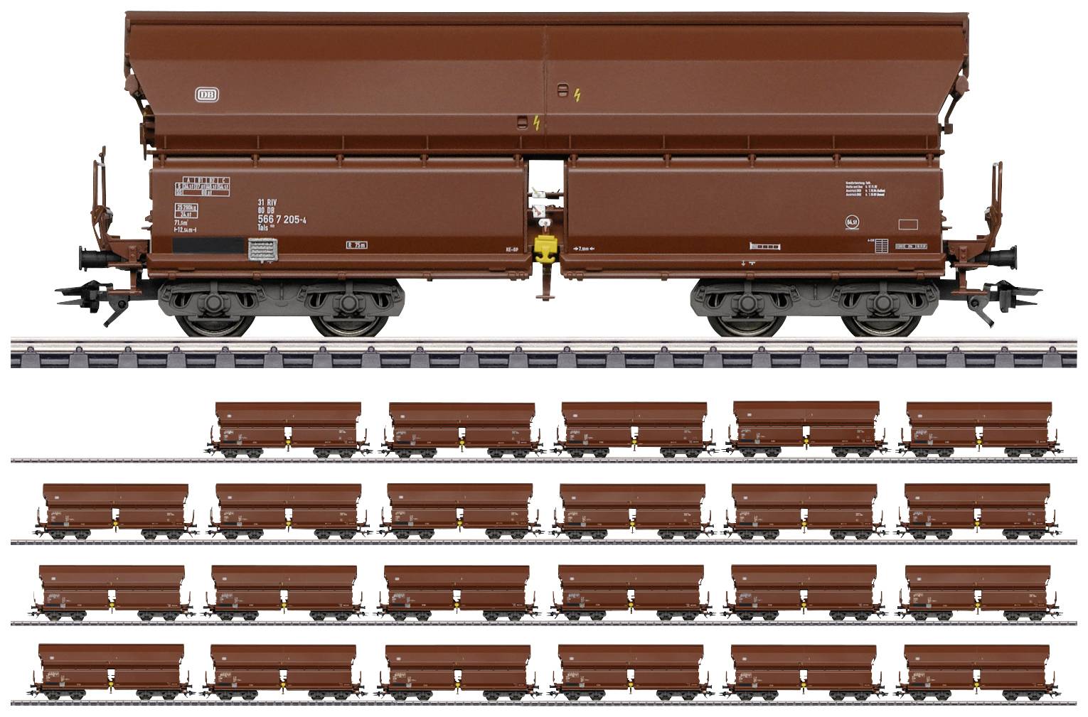 Model railway goods wagon in brown colour on track. Detailed labelling visible. Depicted multiple times below.