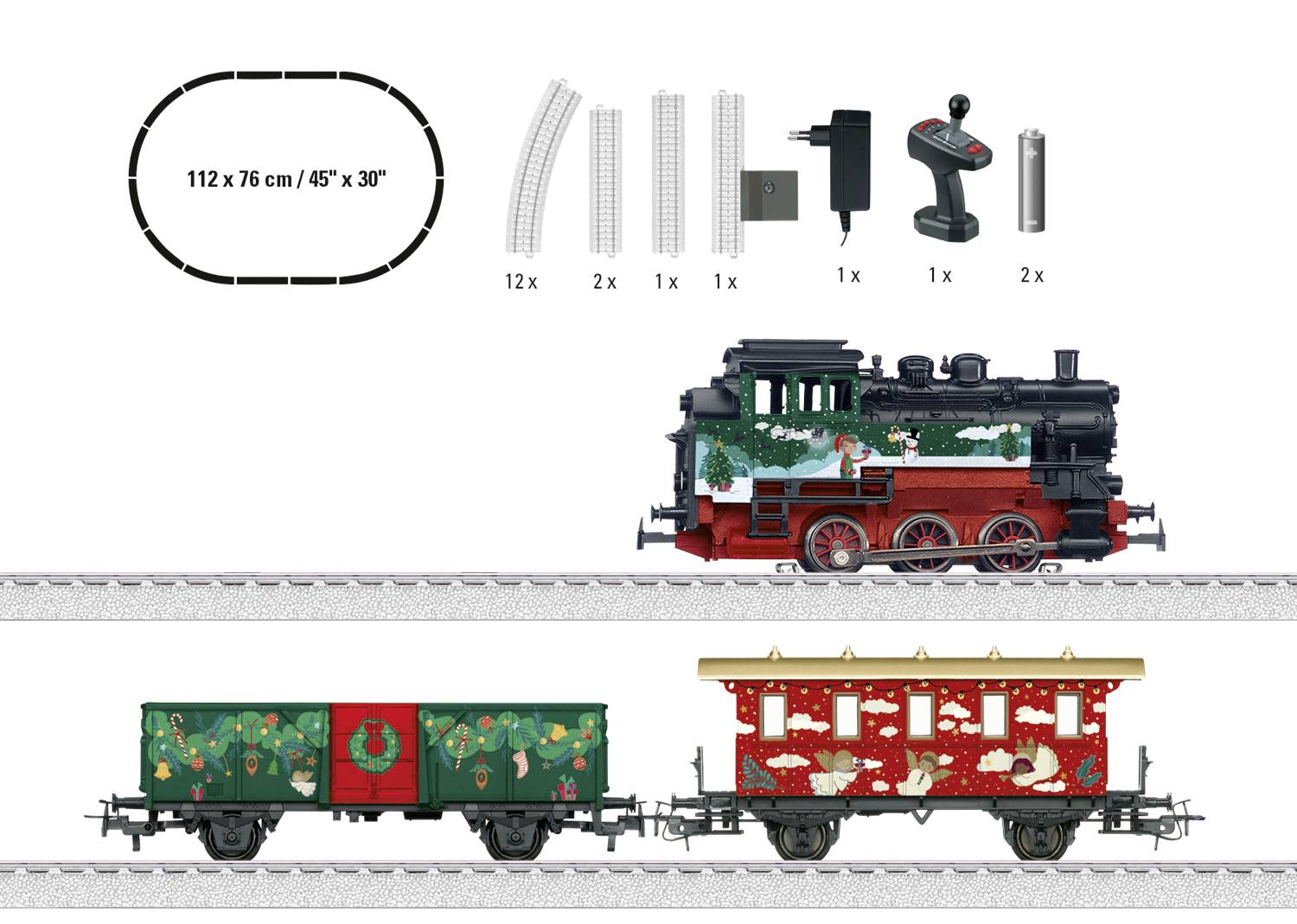 Model Railway Set: Includes a steam locomotive, decorated goods wagons and tracks. Accessories: Track pieces, controller and power supply unit.