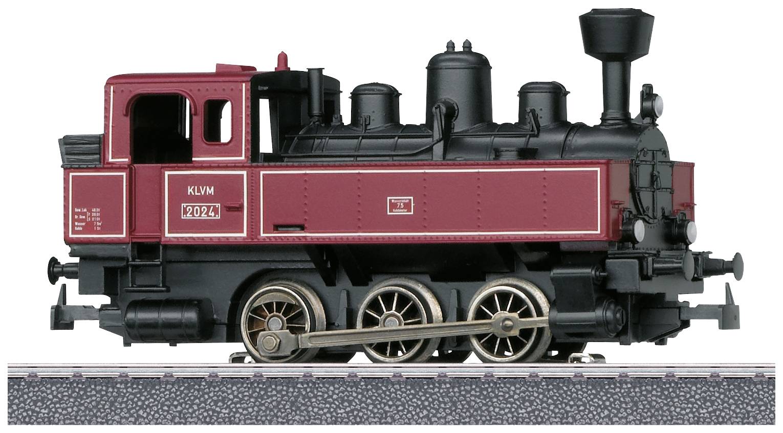 Red steam locomotive on rail segment, side view.