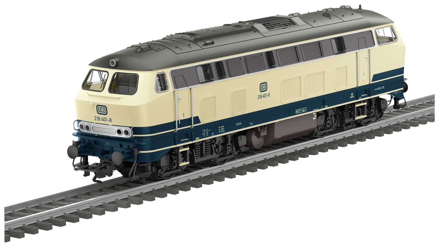 Diesel locomotive of the DB with cream and blue paintwork on a track. Model number on the side: '218 469-5'.