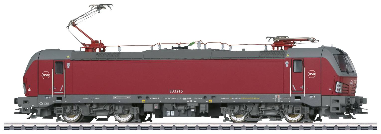 Red electric locomotive on rails, side view. Two current collectors on the roof. Operating number '189 213'.