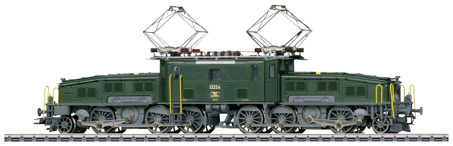 Historical green electric locomotive on a railway track with two pantographs raised. Detailed model with multiple wheels and golden ladders.