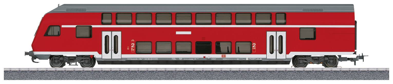 A red double-decker train on a section of railway track. The train has multiple windows and two doors, suitable for passenger travel.