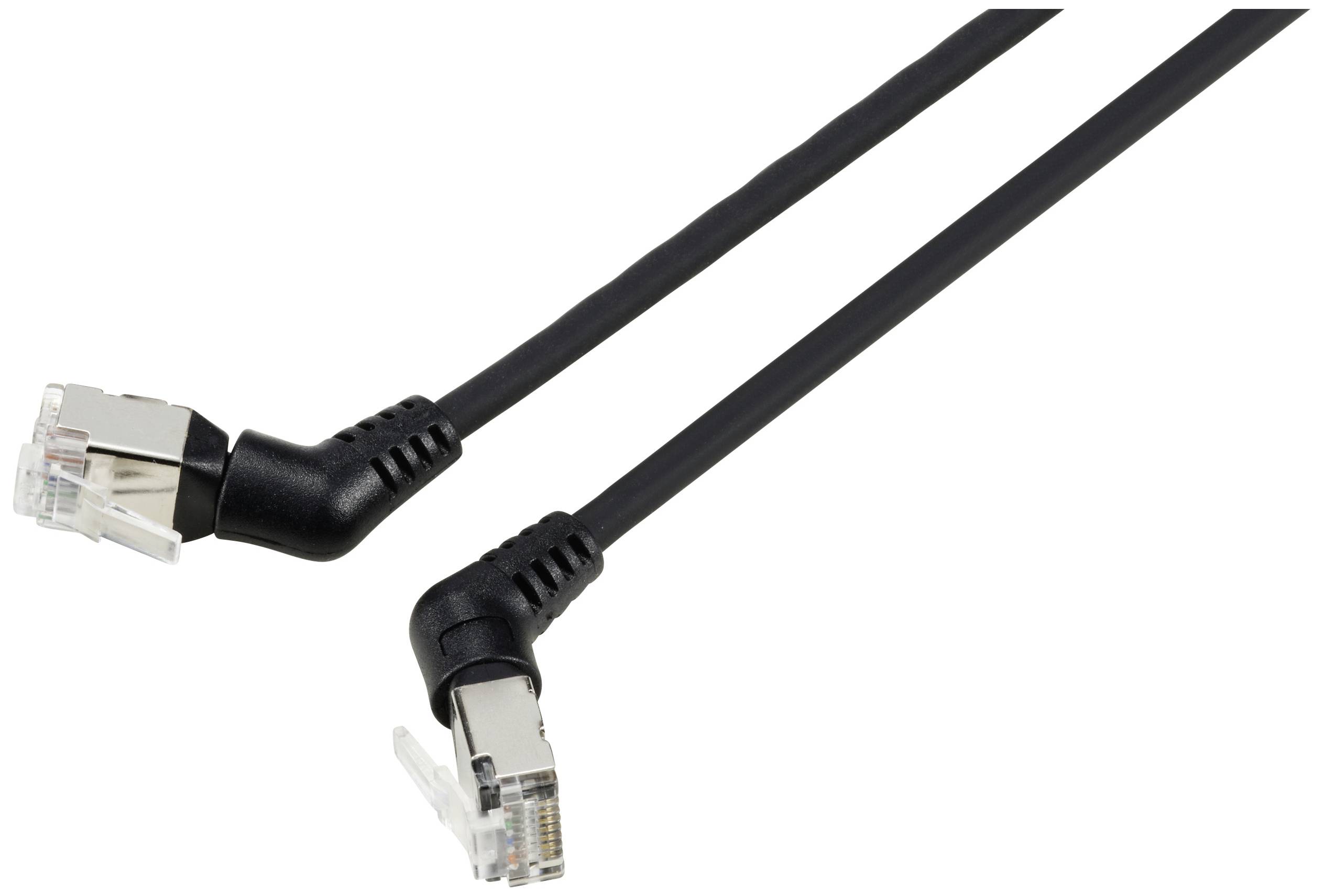 A black network cable with two plugs, each with transparent plastic housings, is pictured against a white background.