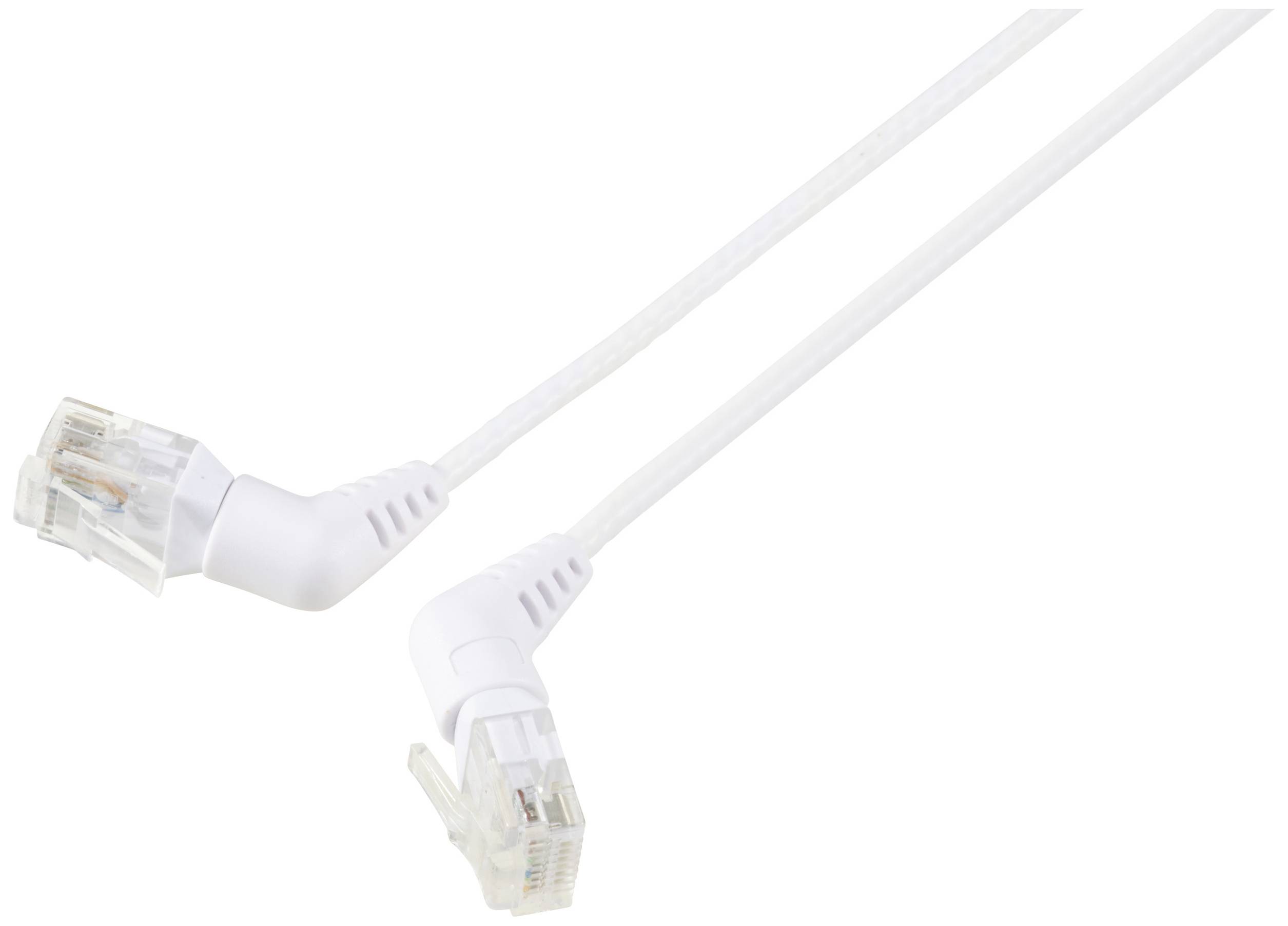 A white Ethernet cable with angled RJ45 connectors at both ends, for connecting network devices.