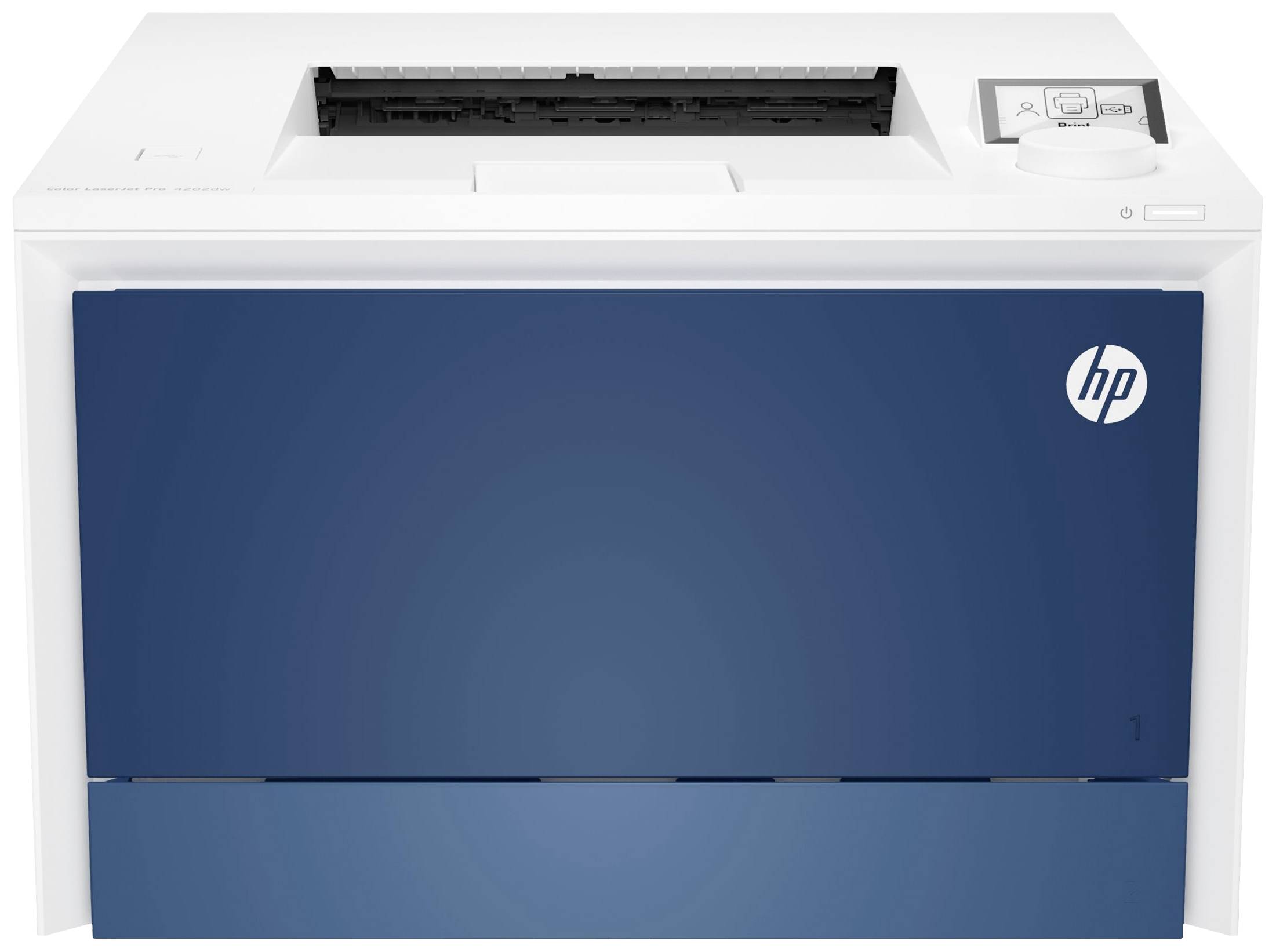 A white printer with a blue front panel and the 'hp' logo positioned top right. A small screen is located in the top right corner.