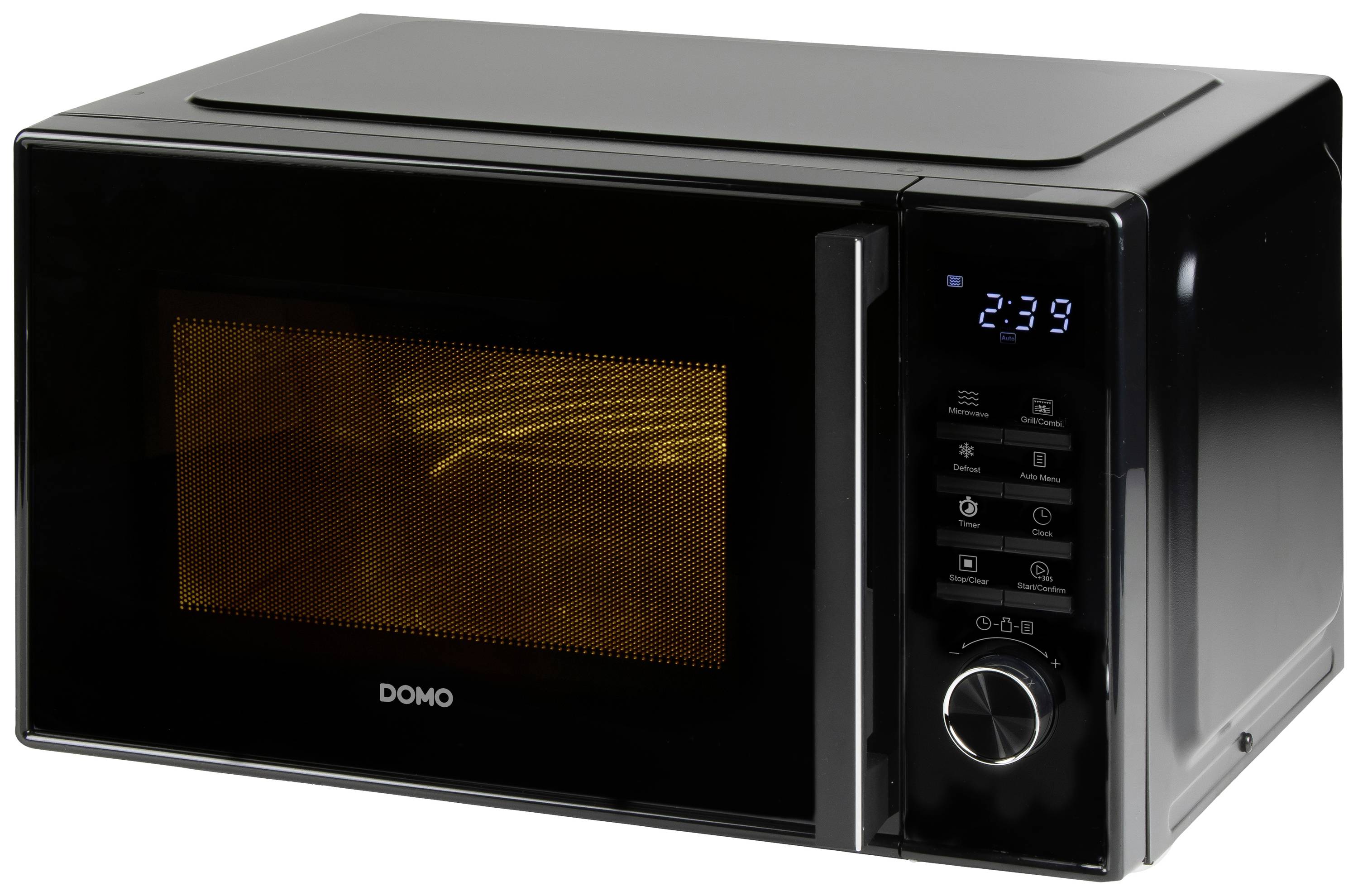 Black microwave with a digital display and buttons on the right side. Shows the time as 2:39.