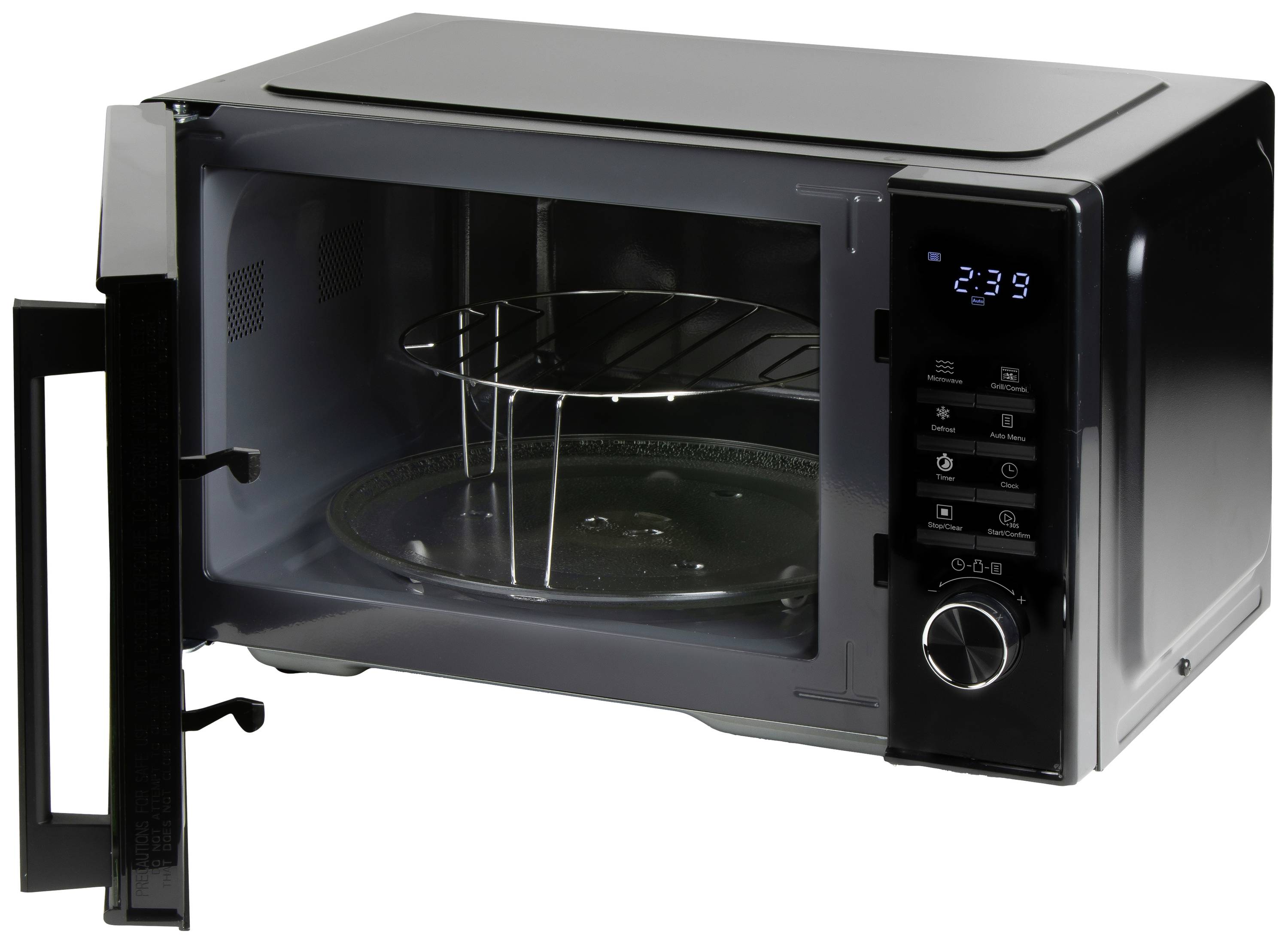 An open microwave with a digital display showing '2:39'. It has a turntable and control buttons on the right-hand side.