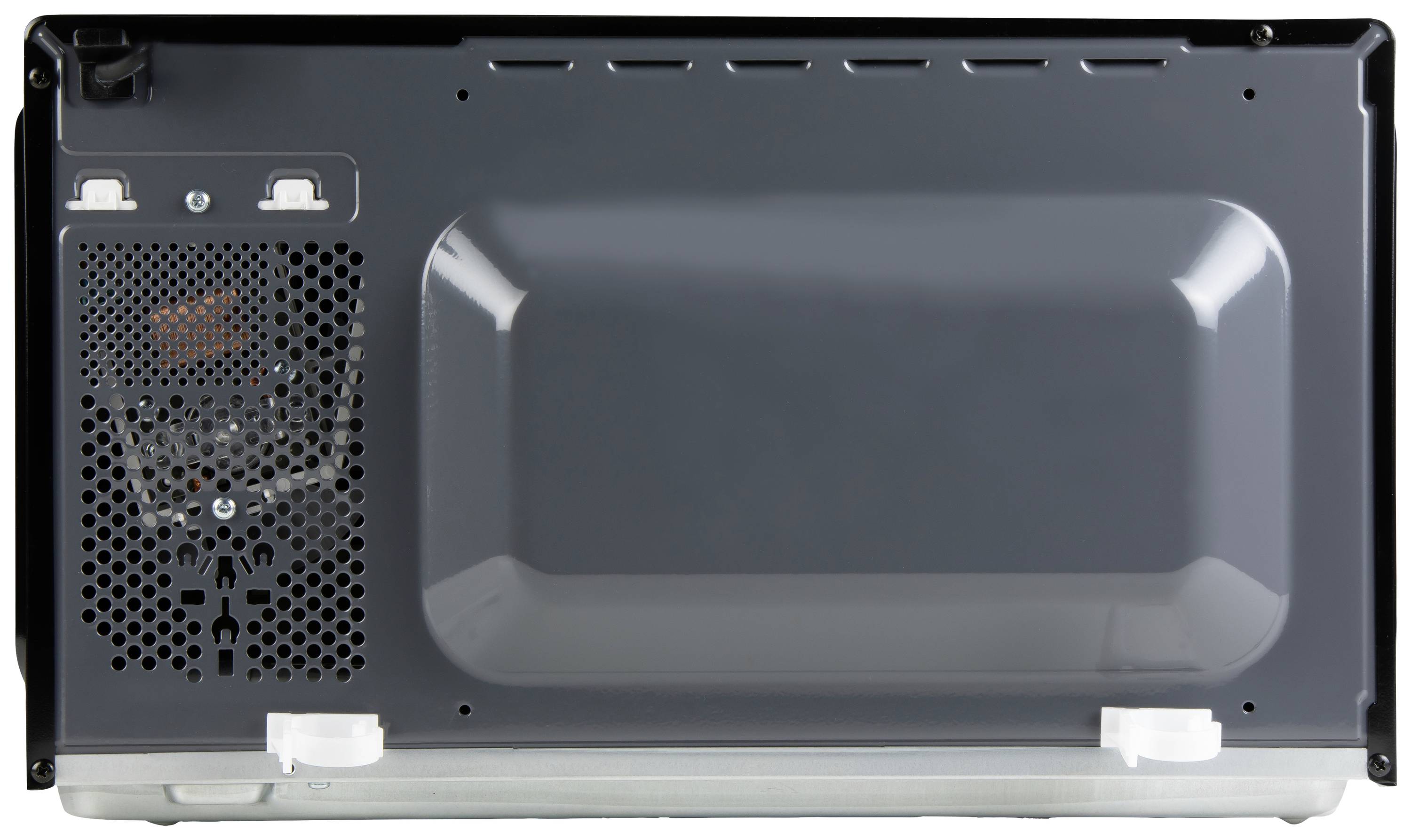 Rear view of a microwave, shown with ventilation grille and power cable on the left-hand side. Device is positioned on a flat surface.