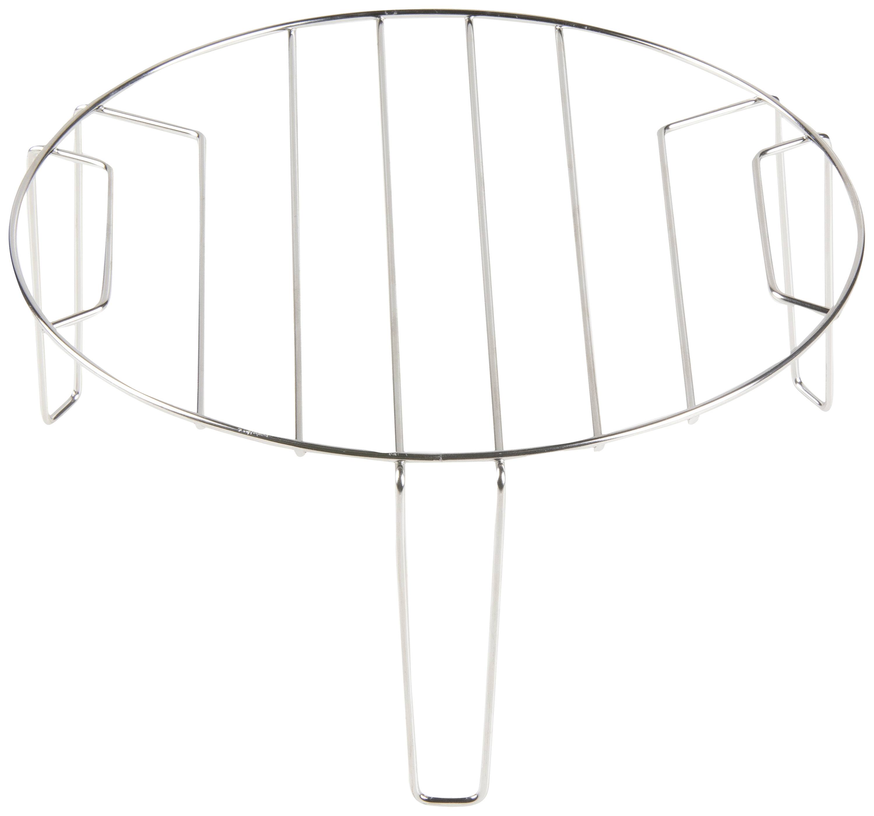 A round metal trivet with three supports, suitable for placing pots or pans to cool or steam food.