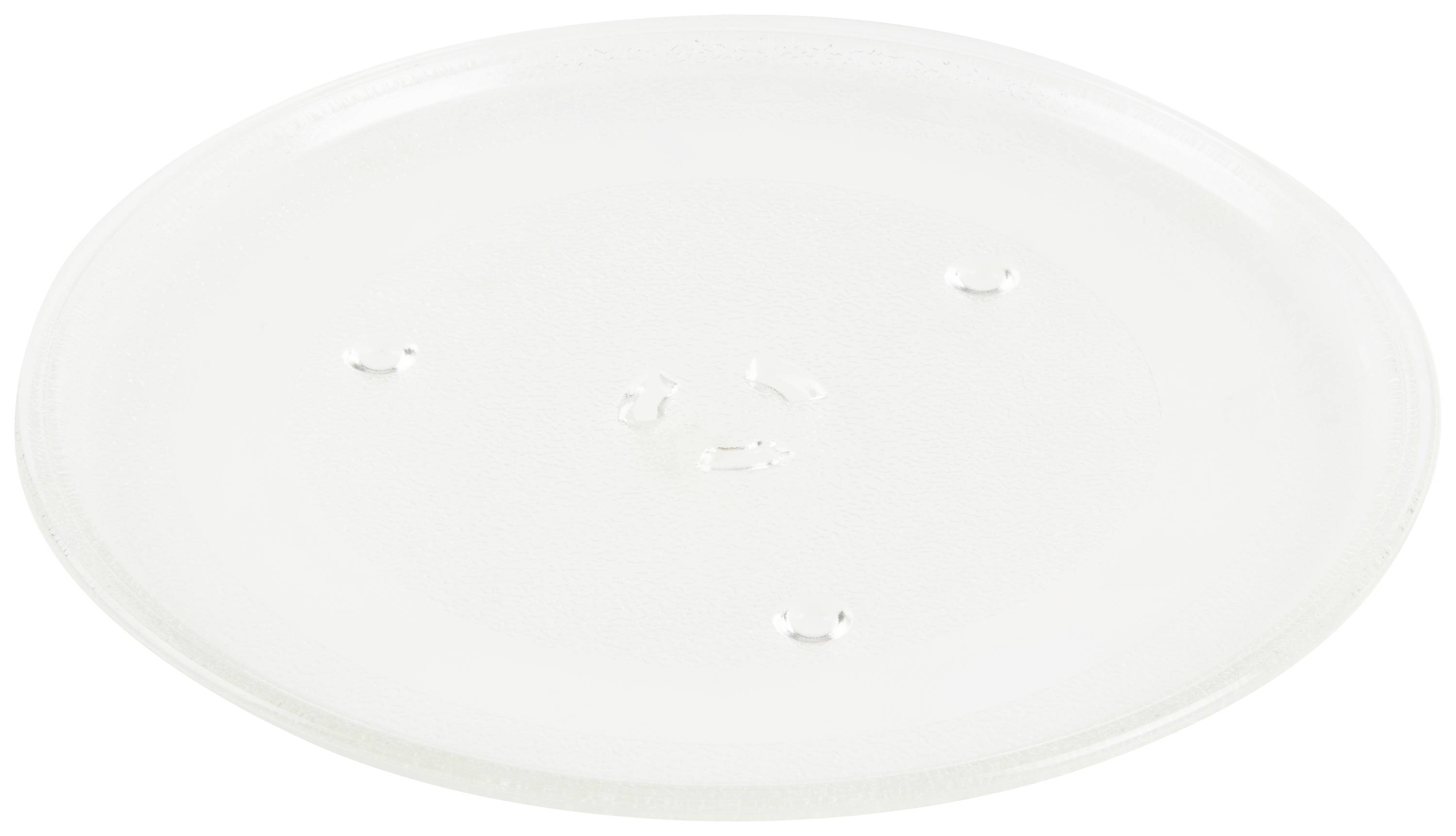 A transparent, round glass plate on a white background.