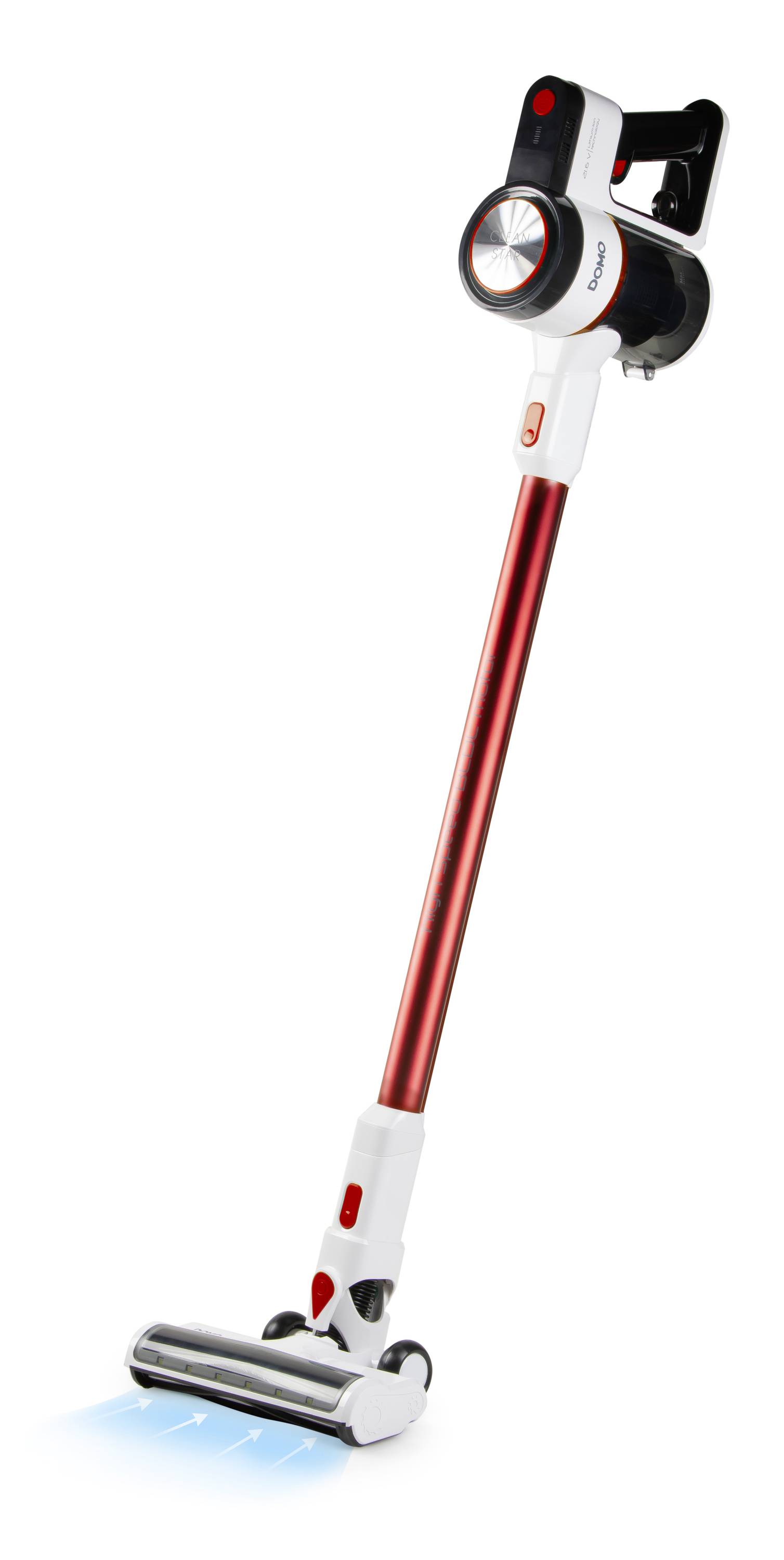 A cordless, red vacuum cleaner with a sleek design and motorised brush head.