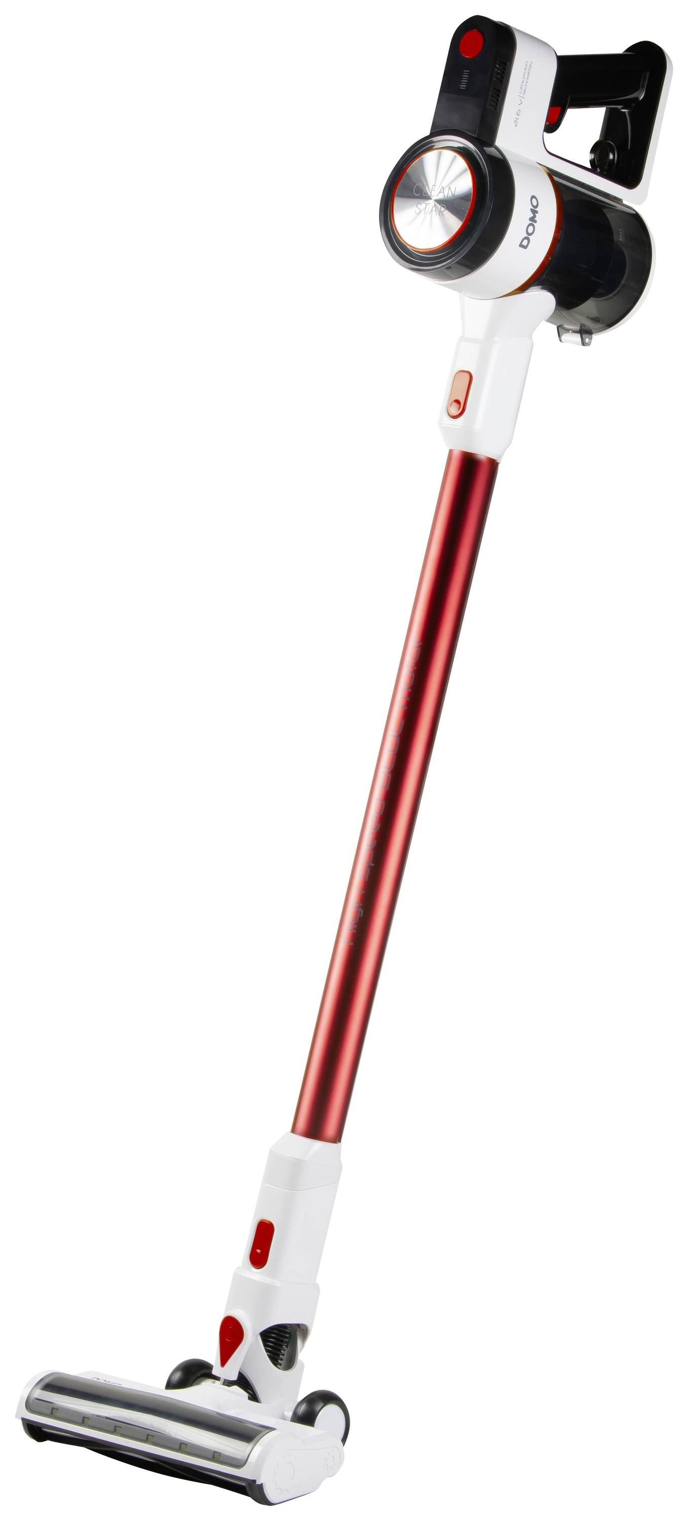 Cordless, red and white vacuum cleaner with a sleek design and roller brush. Suitable for straightforward floor cleaning.