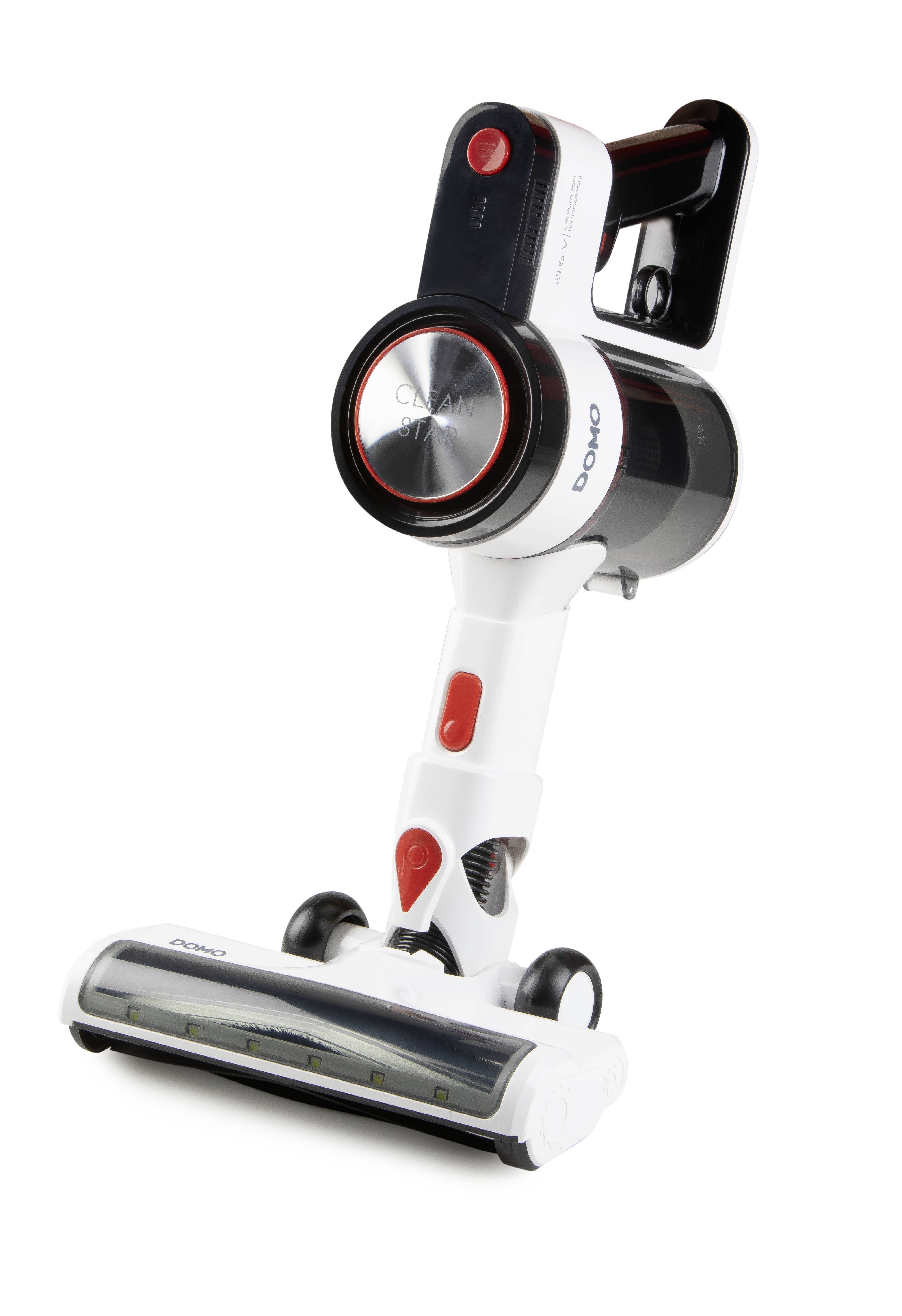 Cordless handheld vacuum cleaner in white with black and red detailing, standing on a transparent surface.