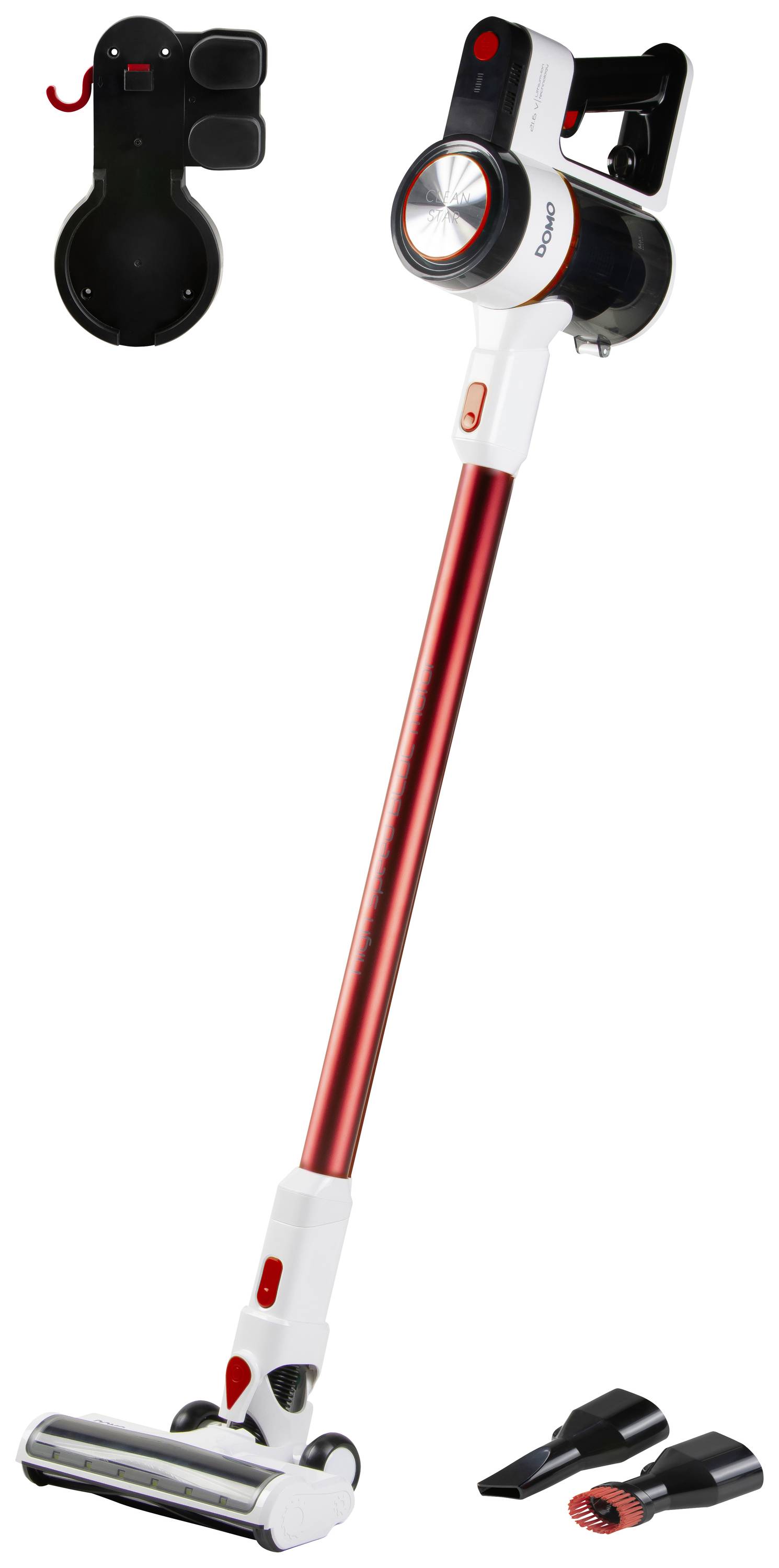 Cordless, red and white vacuum cleaner with wall mount and three accessories, including a crevice tool and a brush head.